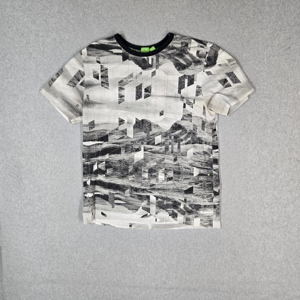 BOSS Hugo Boss Men Shirt L Gray Graphic Abstract Print Logo Short Sleeve READ